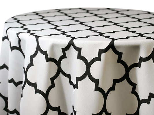 Alhambra White Tablecloth – Black & White Geometric Event Linen