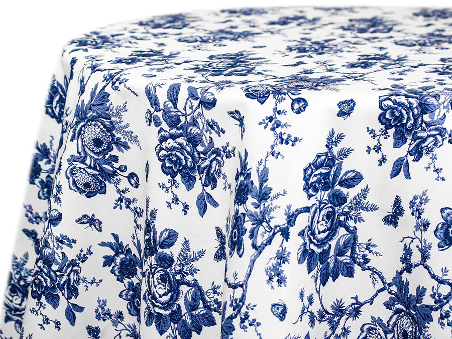 Party Toile Blue Tablecloth – Vintage Floral Printed Linen