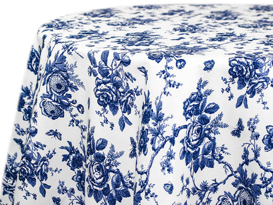 Party Toile Blue Tablecloth – Vintage Floral Printed Linen
